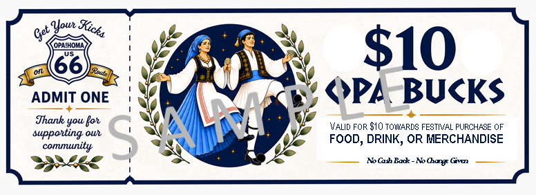 Tulsa Greek Festival Opa!Bucks ticket showing admission for one person and ten dollars in festival spending money